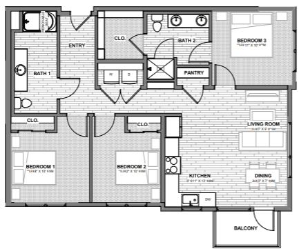 Floor plan for 3 beds, 2 baths, 1090 sqft
